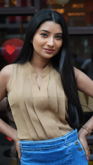 Beige Sleeveless Pleated Top