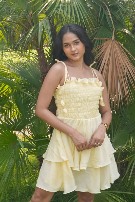 Cream Short Frill Dress with shoulder ties. DLPL