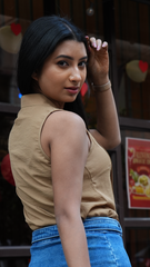 Beige Sleeveless Pleated Top