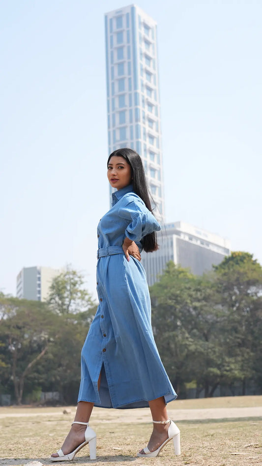 Midi denim Shirt dress with long sleeve DLPL