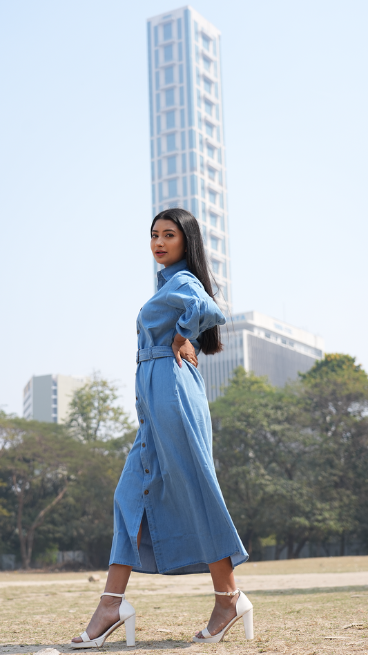 Midi denim Shirt dress with long sleeve