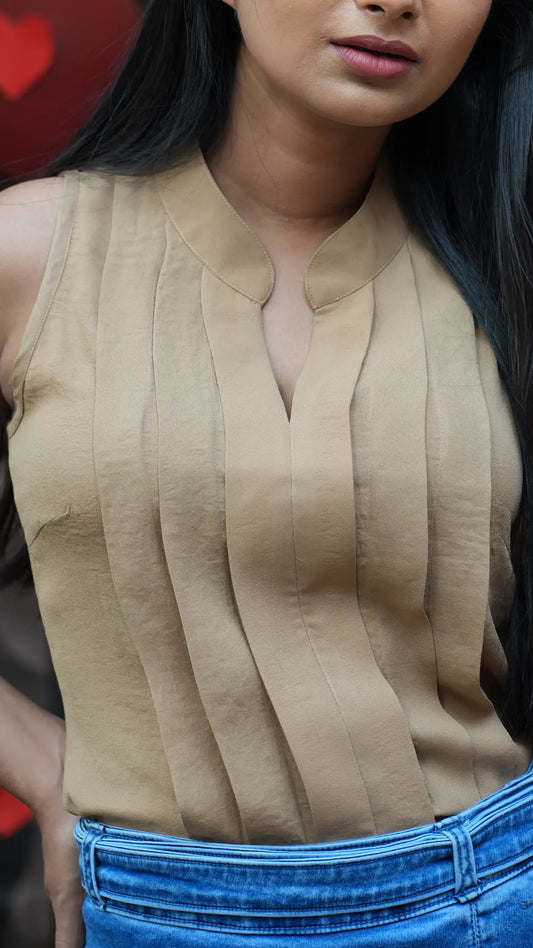 Beige Sleeveless Pleated Top DLPL