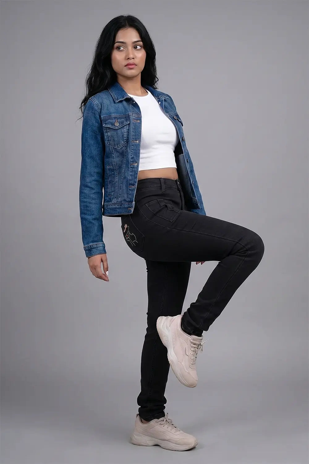 Black Skinny Fit Jeans with Pocket Embroidery