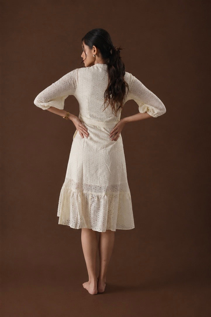 Ivory Eyelet Belted Midi Dress