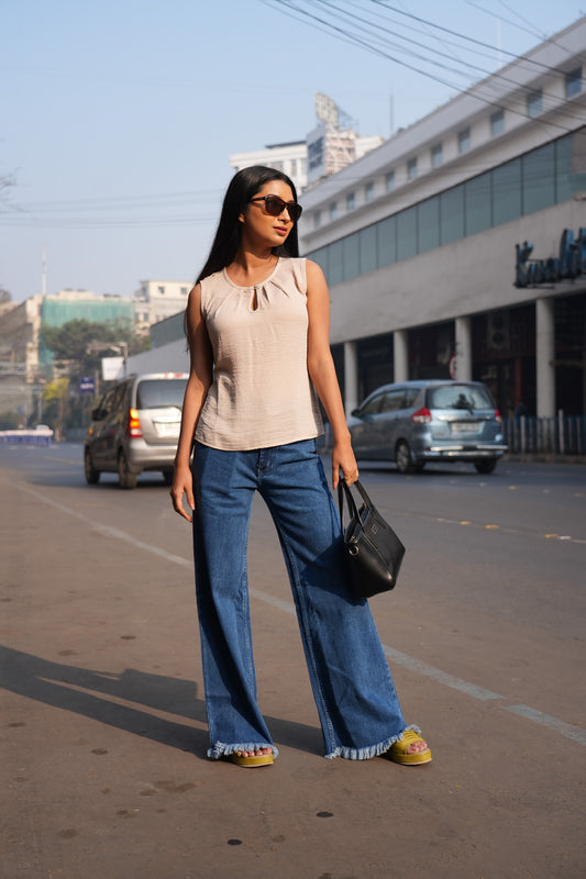 Premium Cotton Wide Leg Jeans with Hem Distress