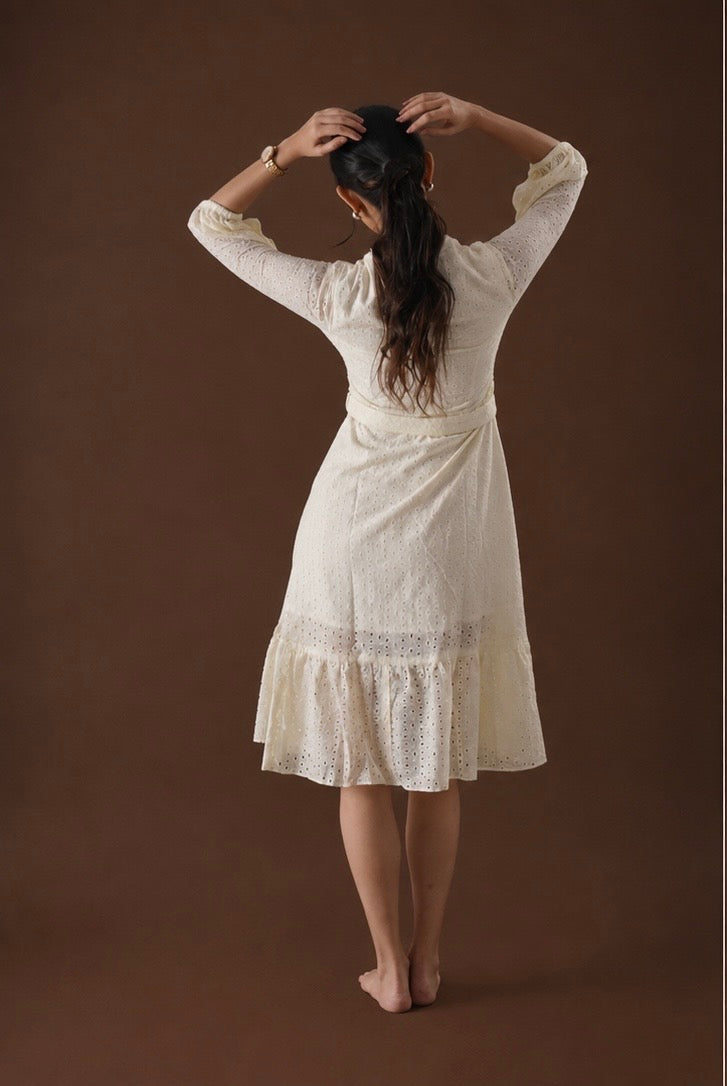 Ivory Eyelet Belted Midi Dress