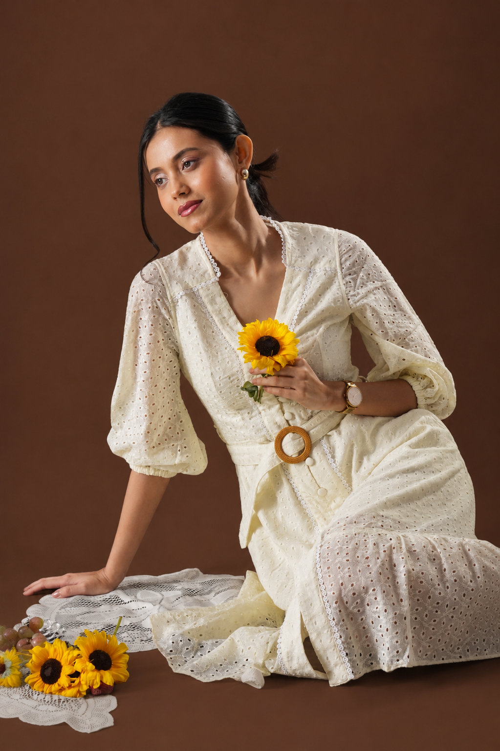 Ivory Eyelet Belted Midi Dress
