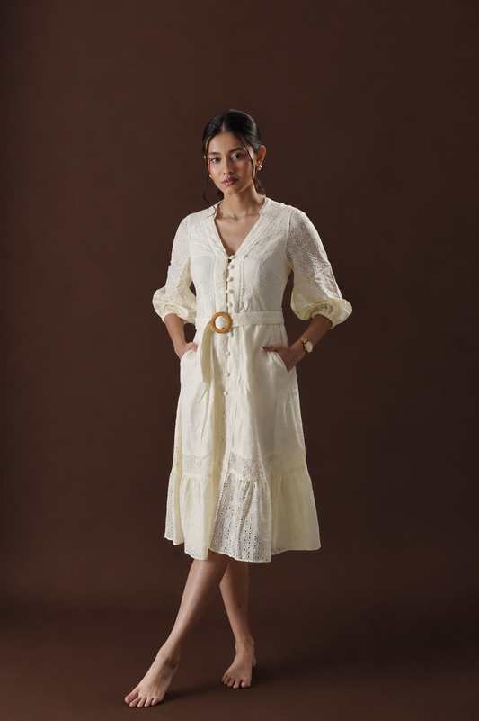 Ivory Eyelet Belted Midi Dress