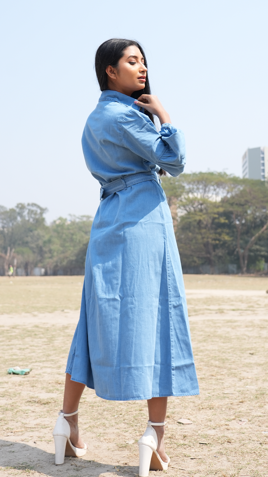 Midi denim Shirt dress with long sleeve