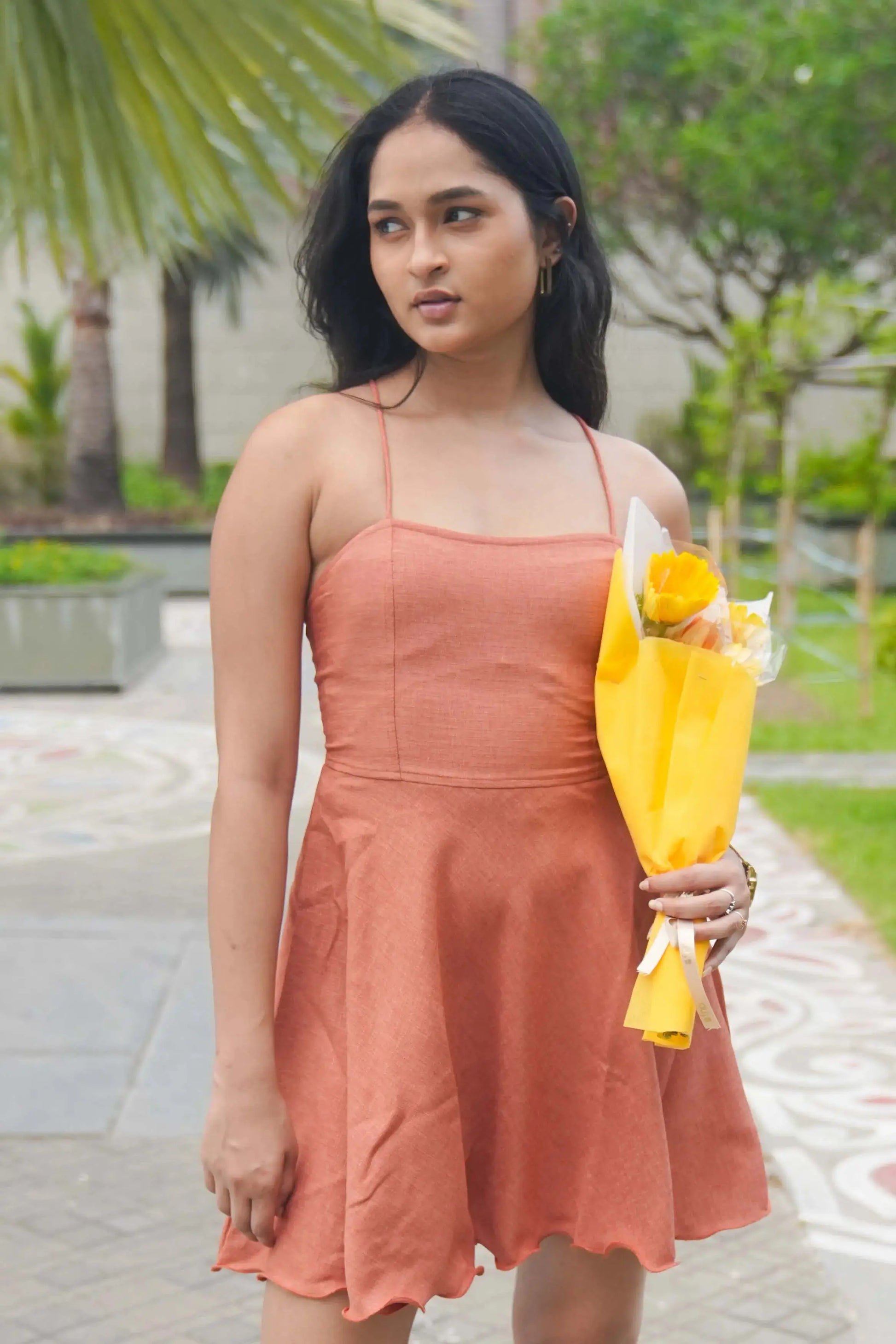 burnt orange sleeveless dress Azazie Leonis