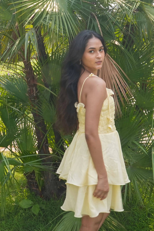 Cream Short Frill Dress with shoulder ties. DLPL