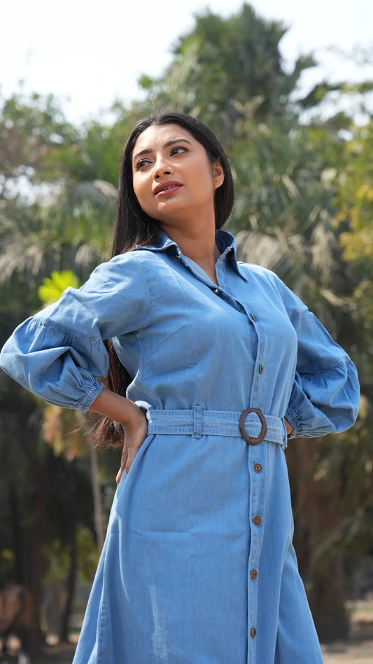 Midi denim Shirt dress with long sleeve DLPL