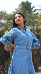 Midi denim Shirt dress with long sleeve