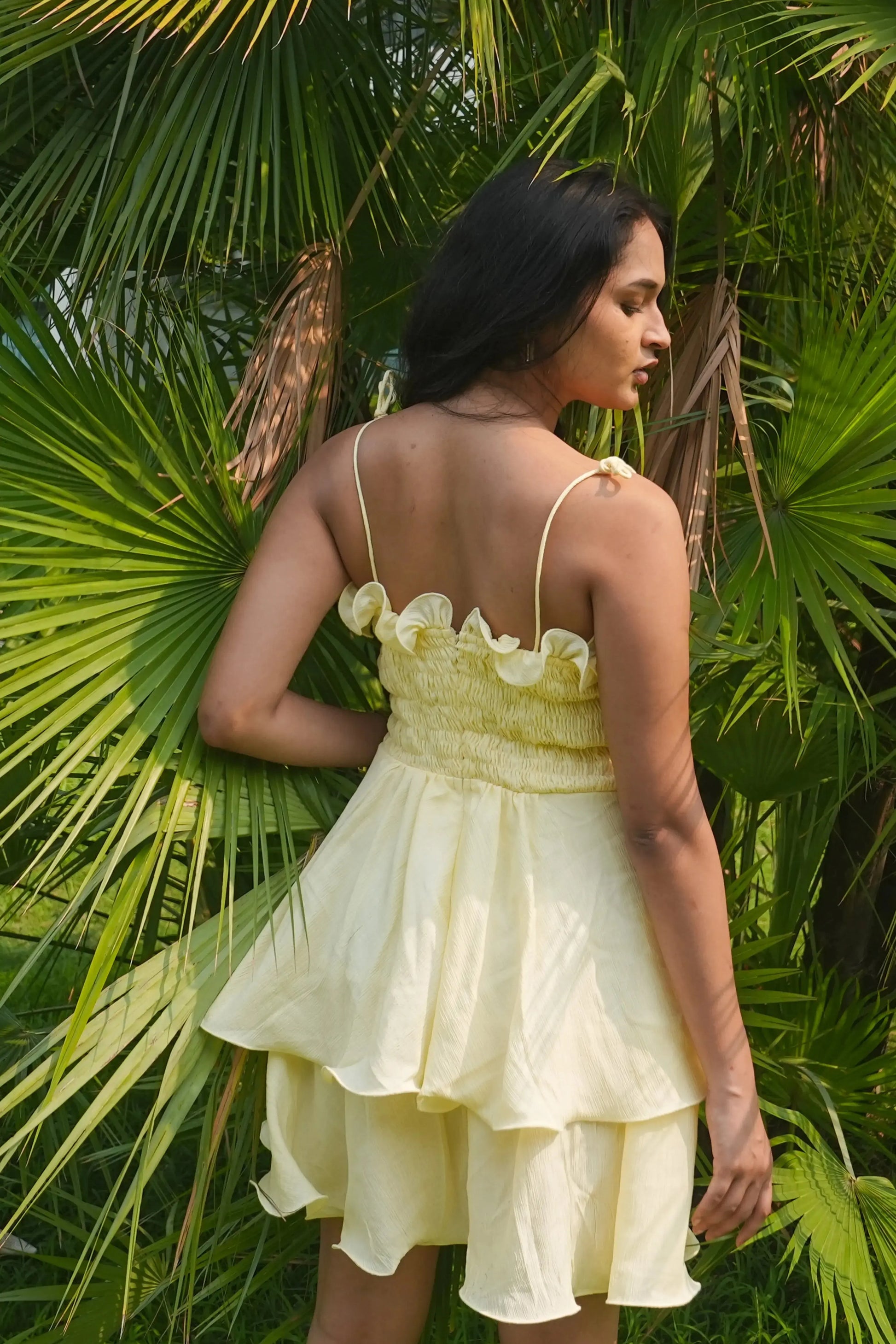 Cream Short Frill Dress with shoulder ties. DLPL