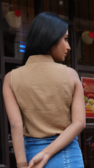 Beige Sleeveless Pleated Top
