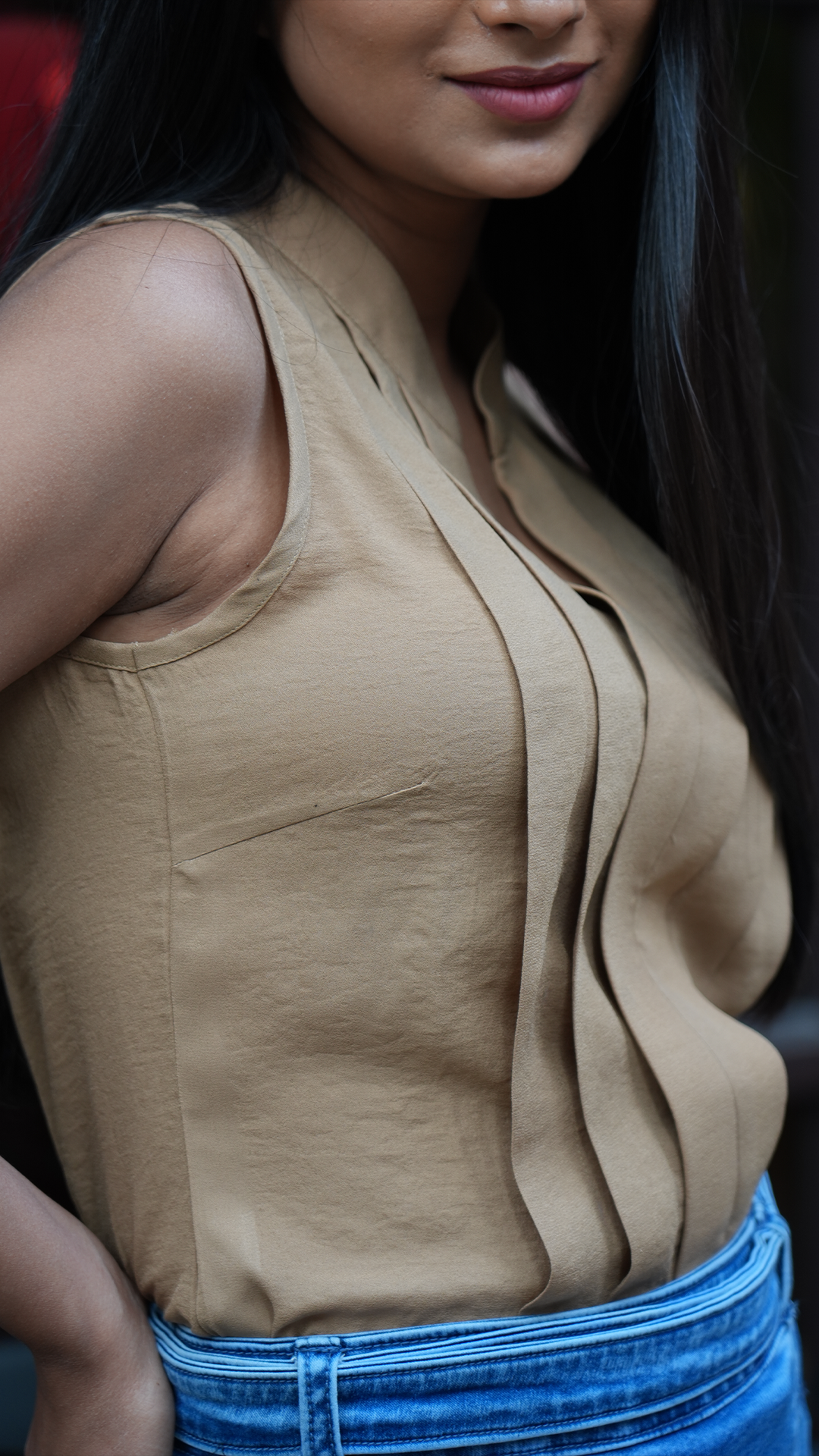 Beige Sleeveless Pleated Top