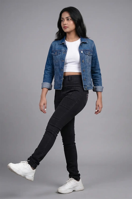 Black Skinny Fit Jeans with Pocket Embroidery