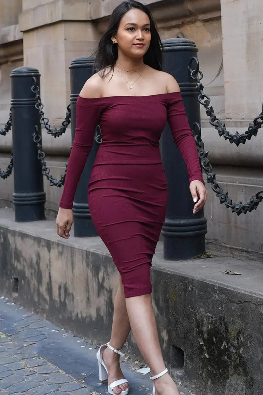 Bordeaux Grace Off-Shoulder Dress, Rebeldrapes Dress, Maroon Dress, Off Shoulder Dress, Bordeaux Grace, Party Dress