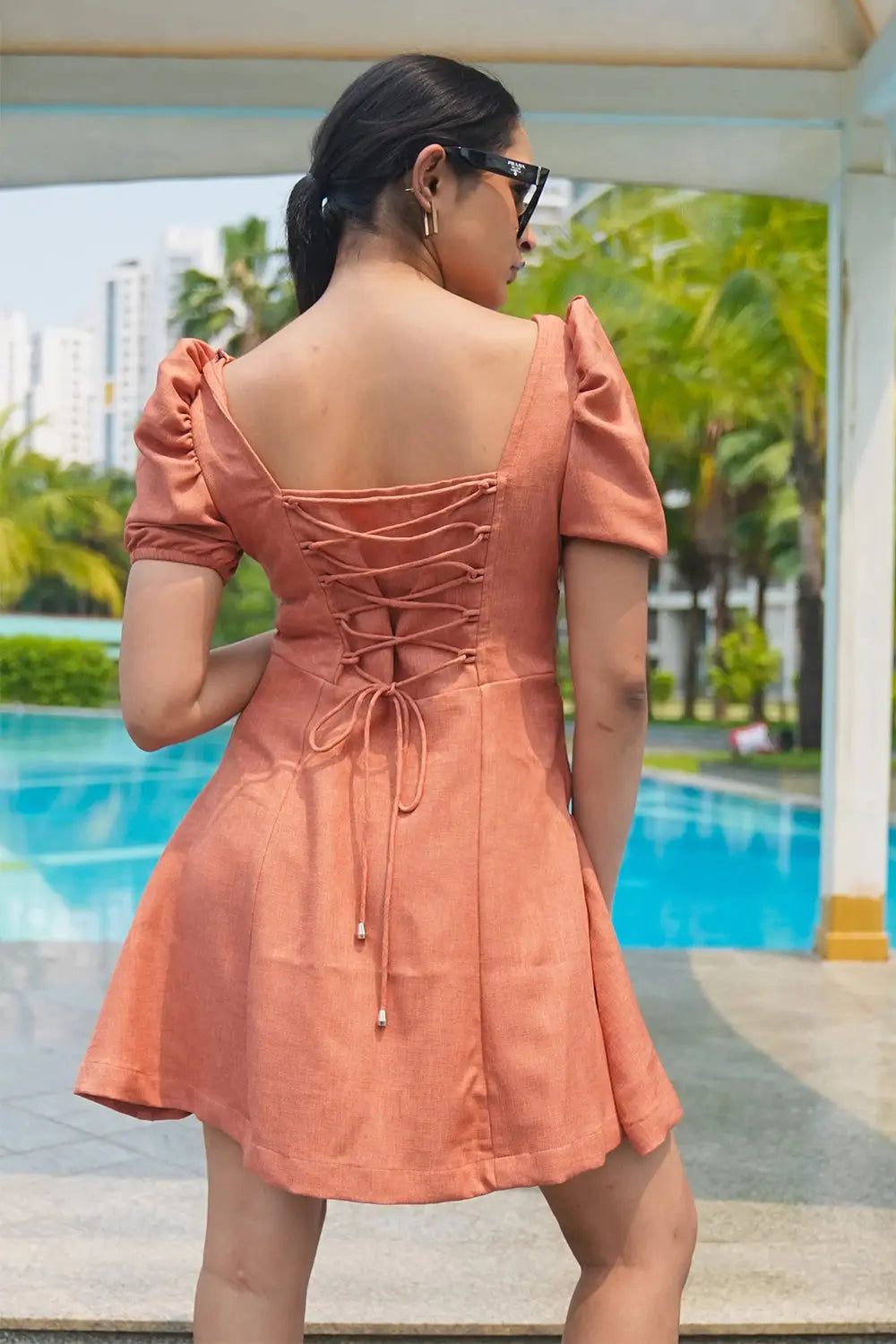 Burnt Orange Short Sleeve Dress with Back Ties