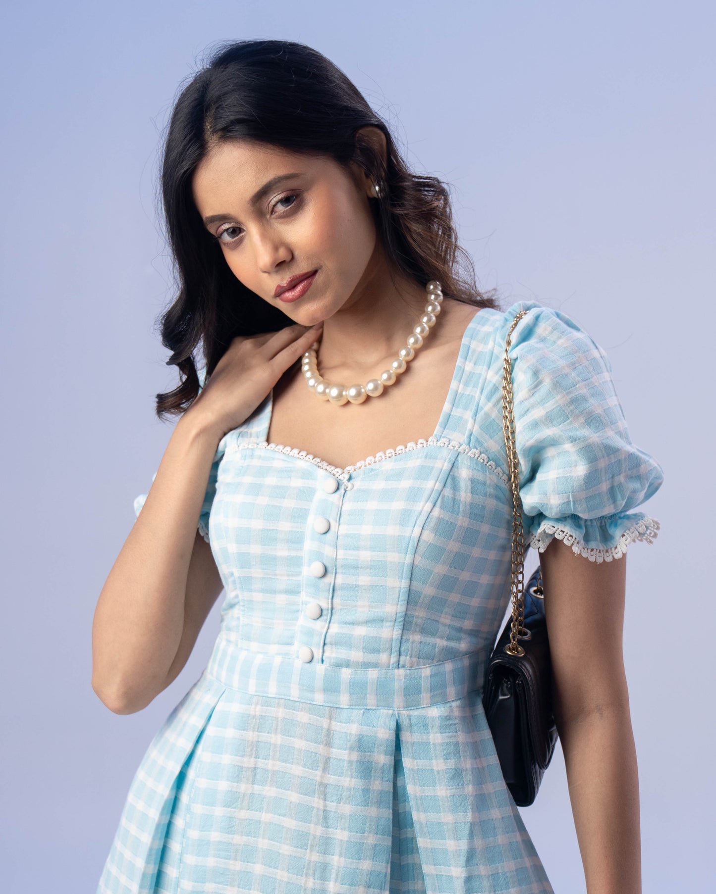 The Juliette Gingham Midi Dress in Blue