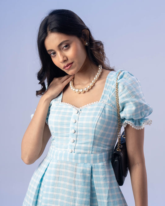 The Juliette Gingham Midi Dress in Blue