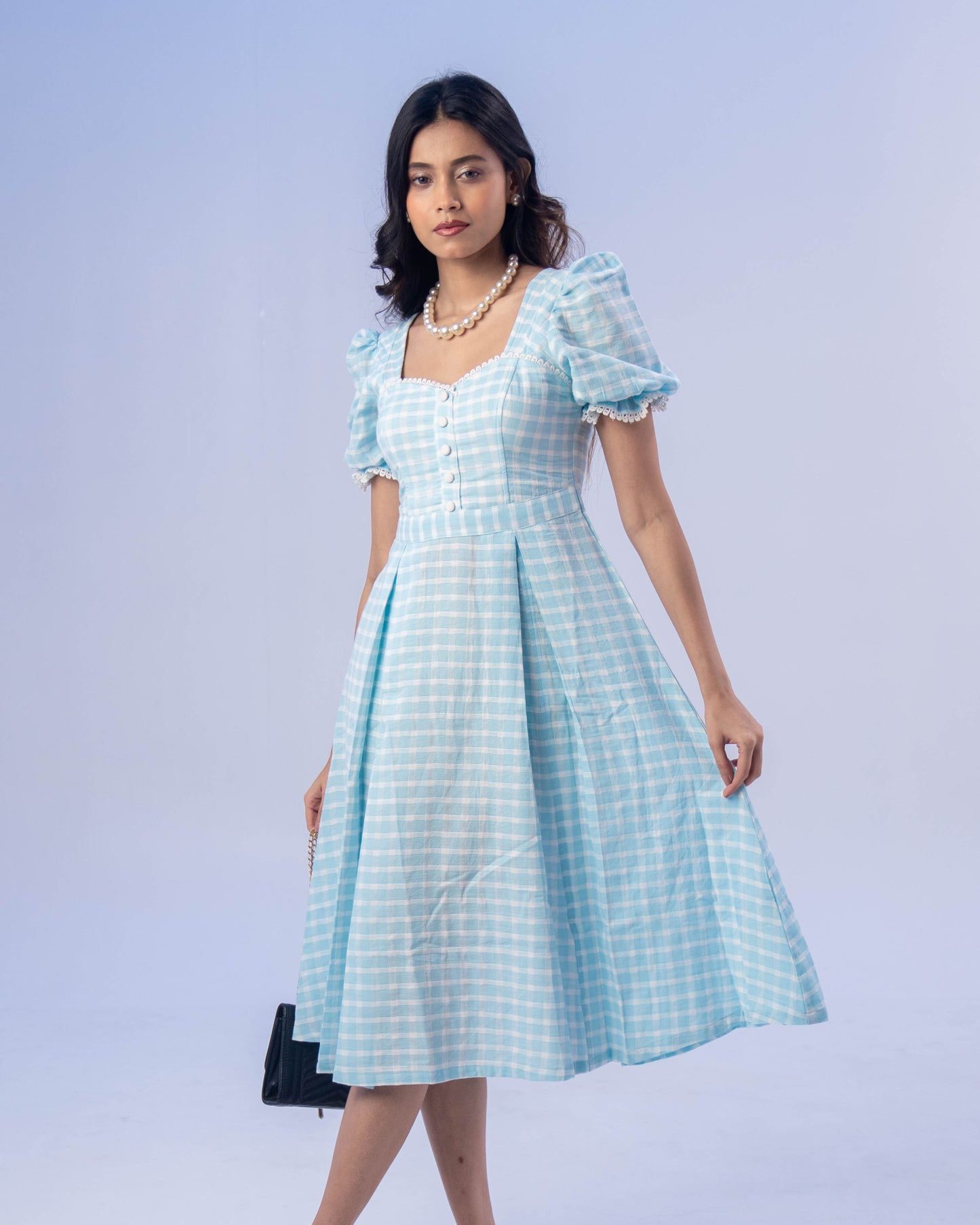 The Juliette Gingham Midi Dress in Blue