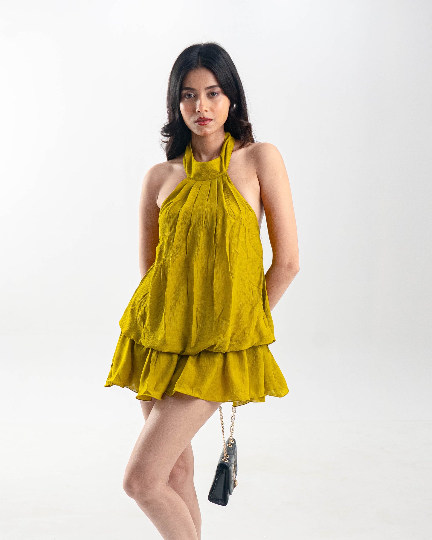 The Aurelia Halter Mini Dress in Olive