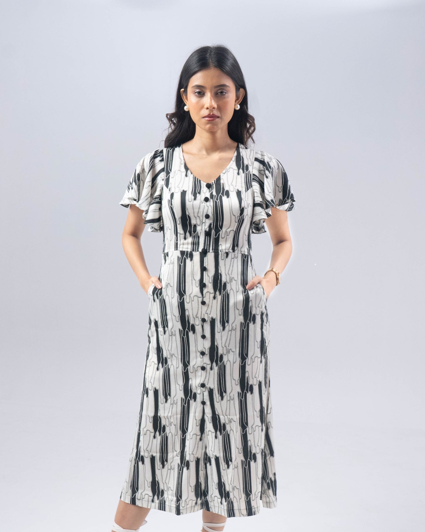 The Black and White Abstract Midi Dress