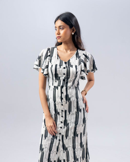 The Black and White Abstract Midi Dress