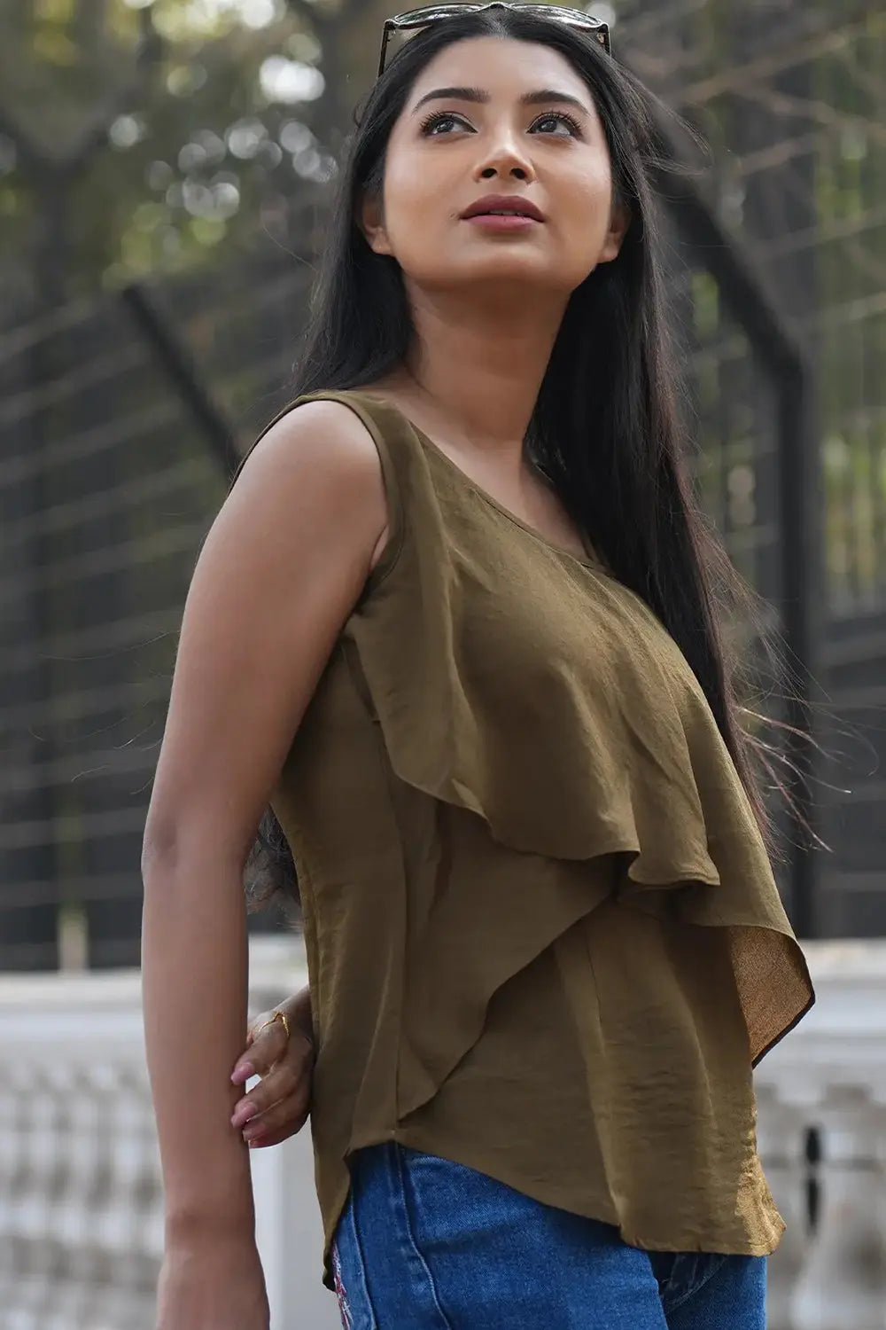 Dark Olive Green Layered Sleeveless Top, Sleeveless Top, Rebeldrapes Top, Layered Top, Green Top, Olive Green Top