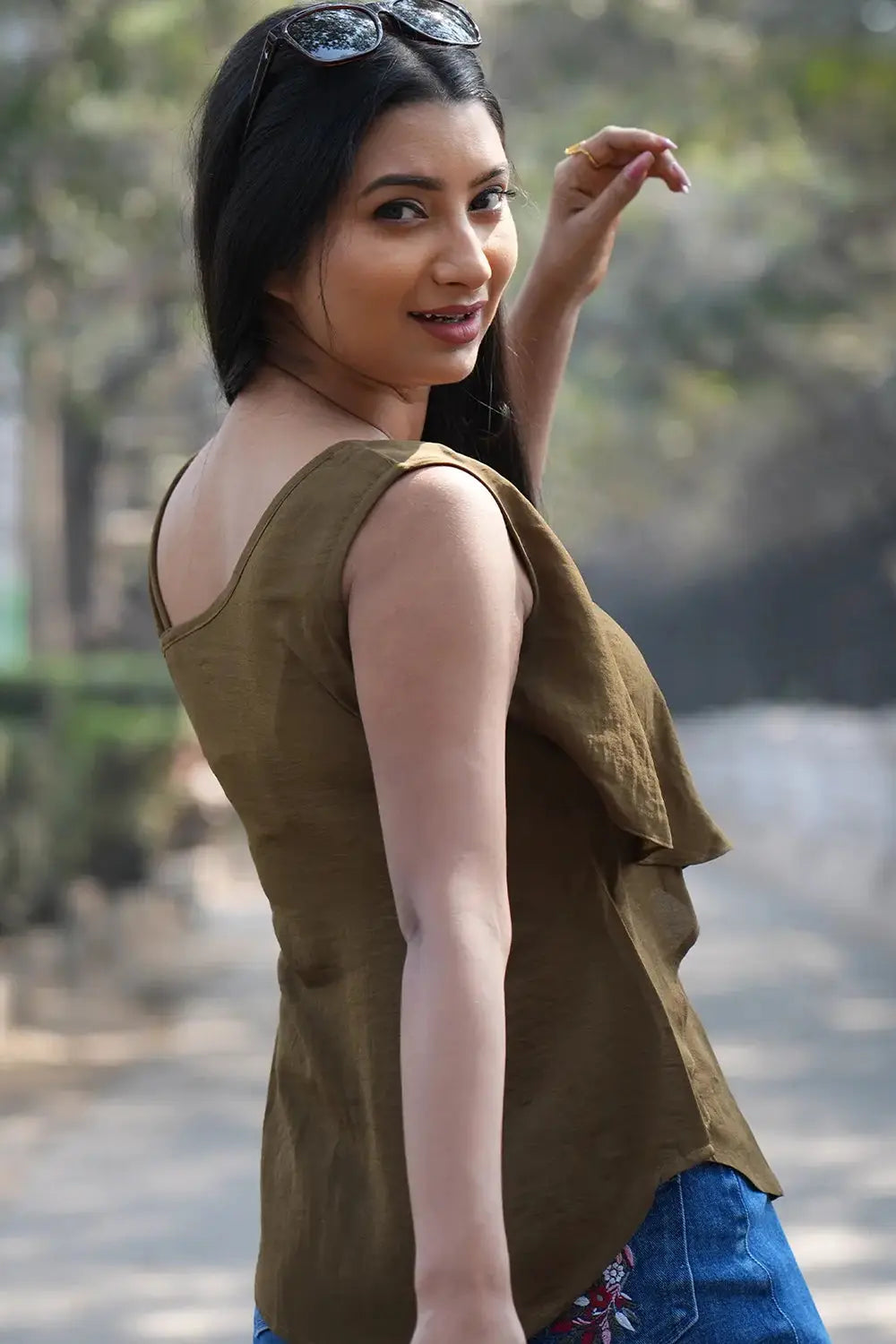 Dark Olive Green Layered Sleeveless Top, Sleeveless Top, Rebeldrapes Top, Layered Top, Green Top, Olive Green Top