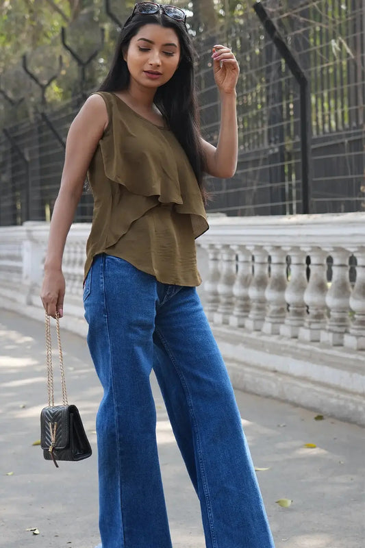 Dark Olive Green Layered Sleeveless Top, Sleeveless Top, Rebeldrapes Top, Layered Top, Green Top, Olive Green Top