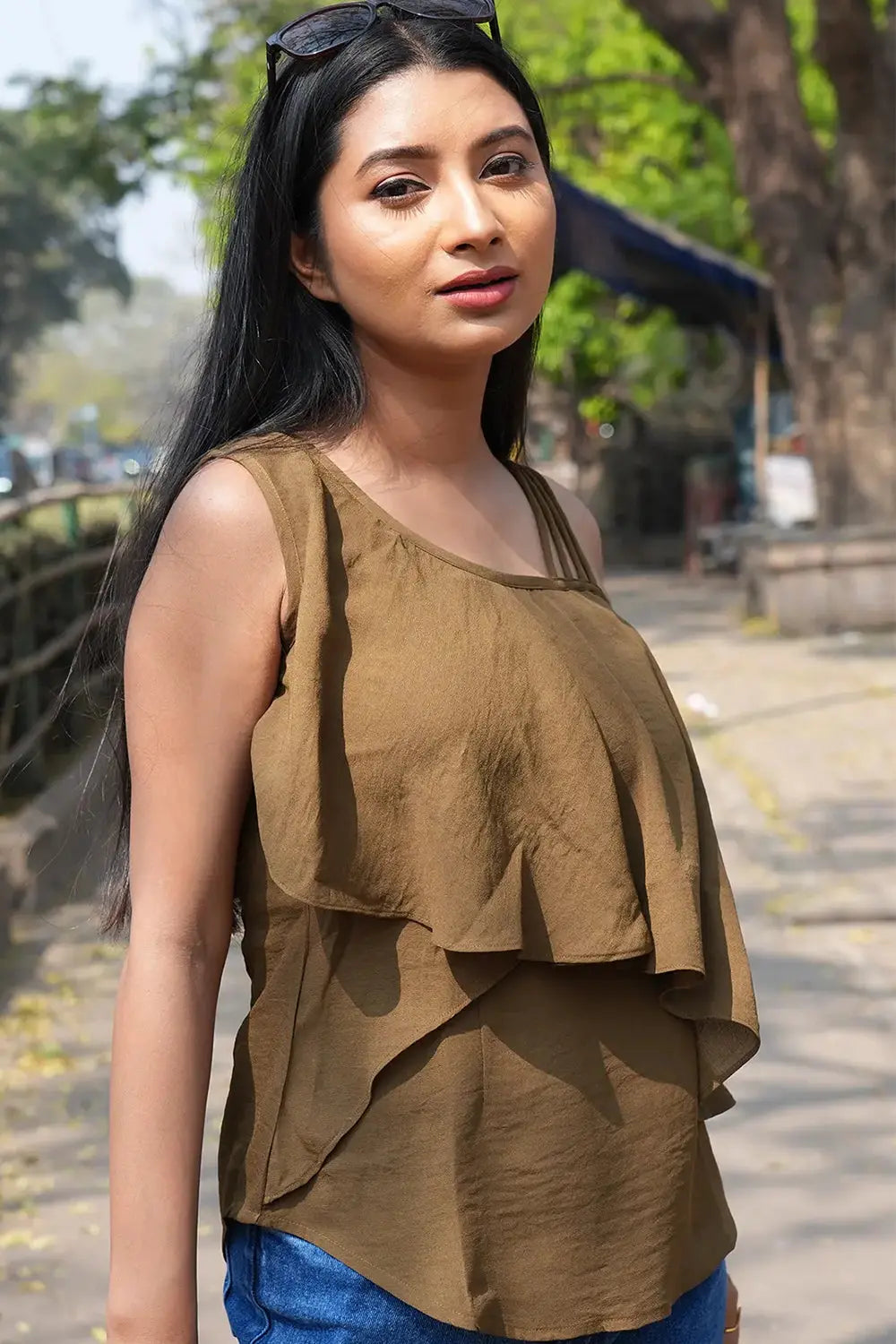 Dark Olive Green Layered Sleeveless Top, Sleeveless Top, Rebeldrapes Top, Layered Top, Green Top, Olive Green Top