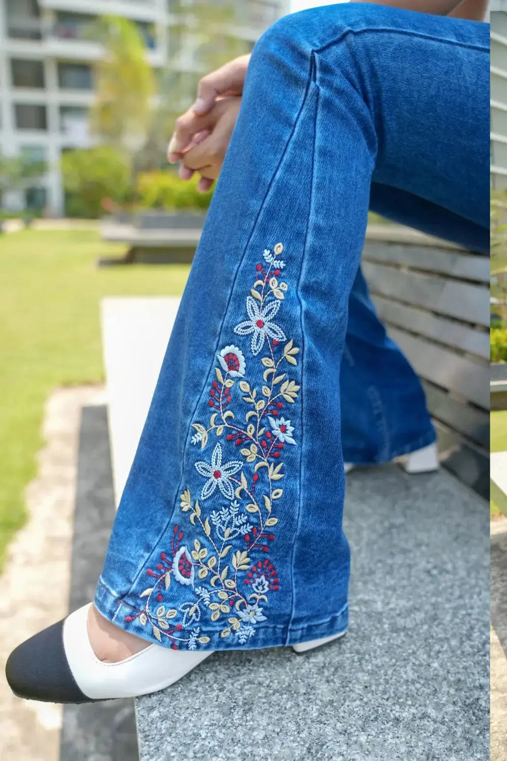 denim jeans, blue jeans, embroidered jeans, flared jeans, high waist jeans, rebeldrapes, bootcut jeans
