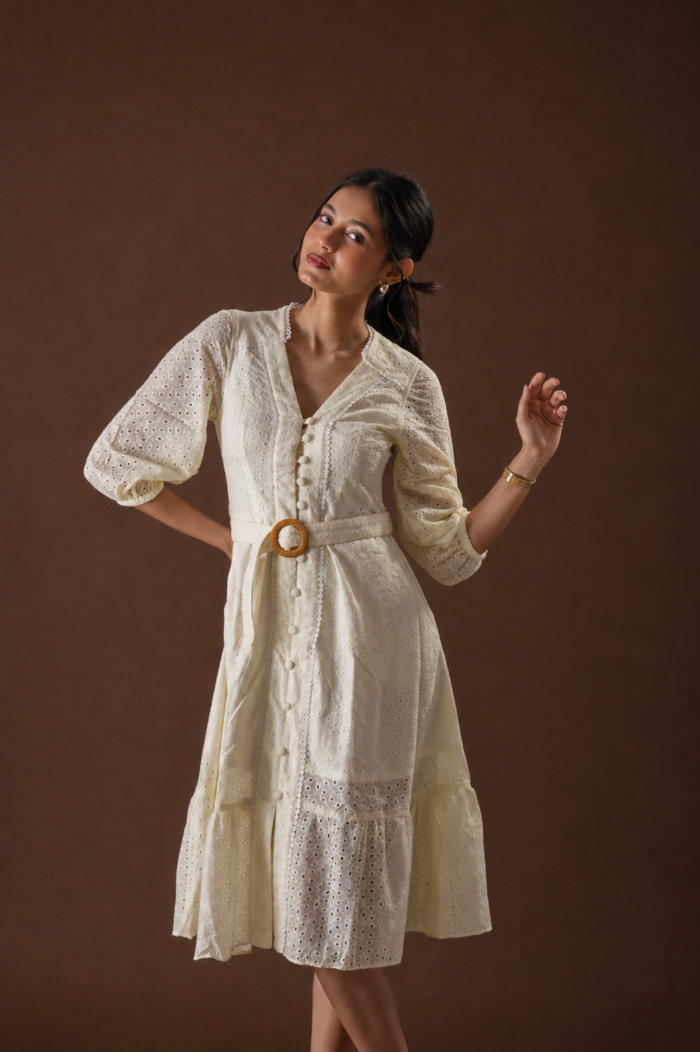 Ivory Eyelet Belted Midi Dress
