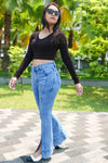 front slit jeans, rebeldrapes, blue jeans, denim jeans, flared jeans