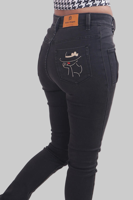 Black Skinny Fit Jeans with Pocket Embroidery