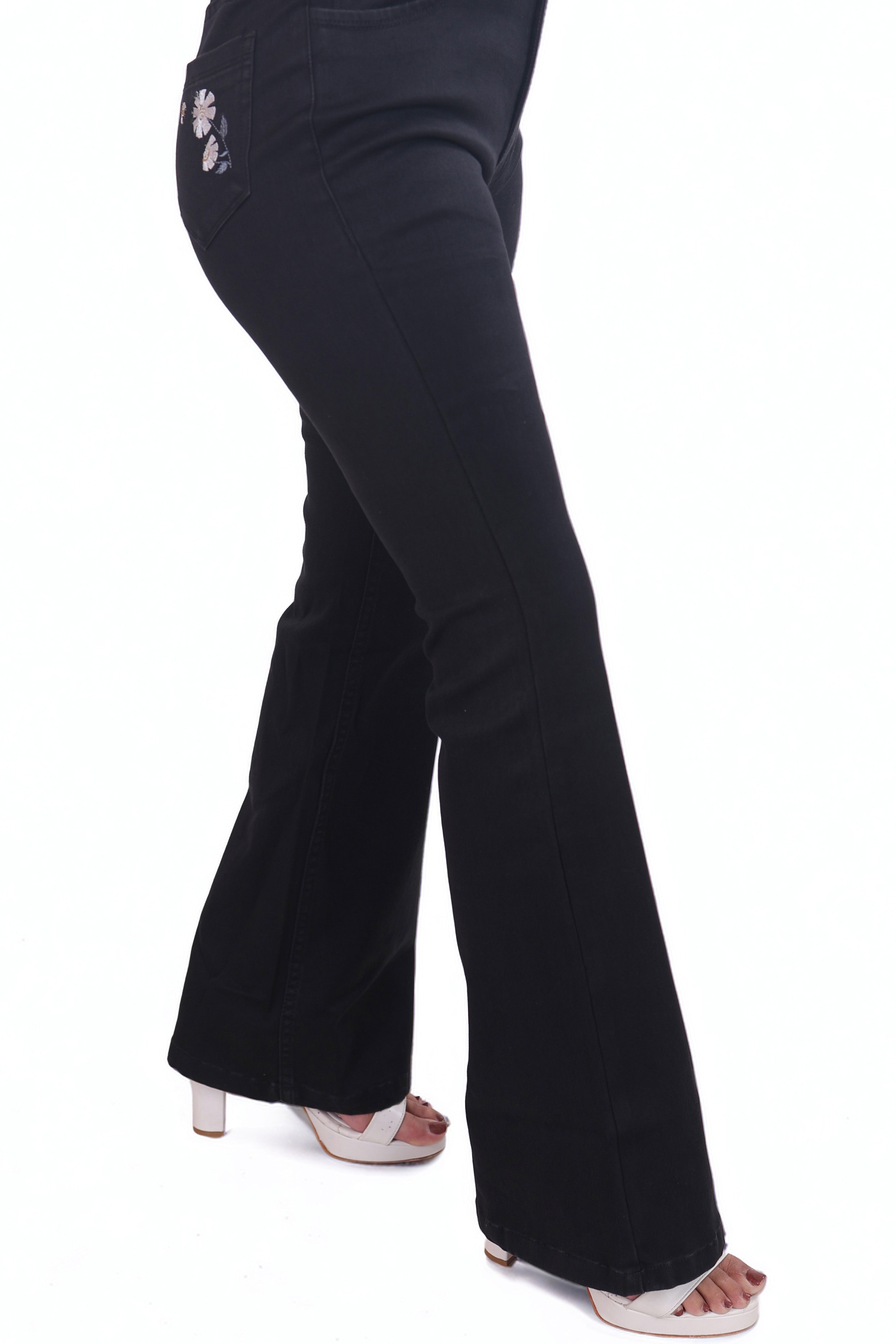 Black Flared Jeans with Embroidery