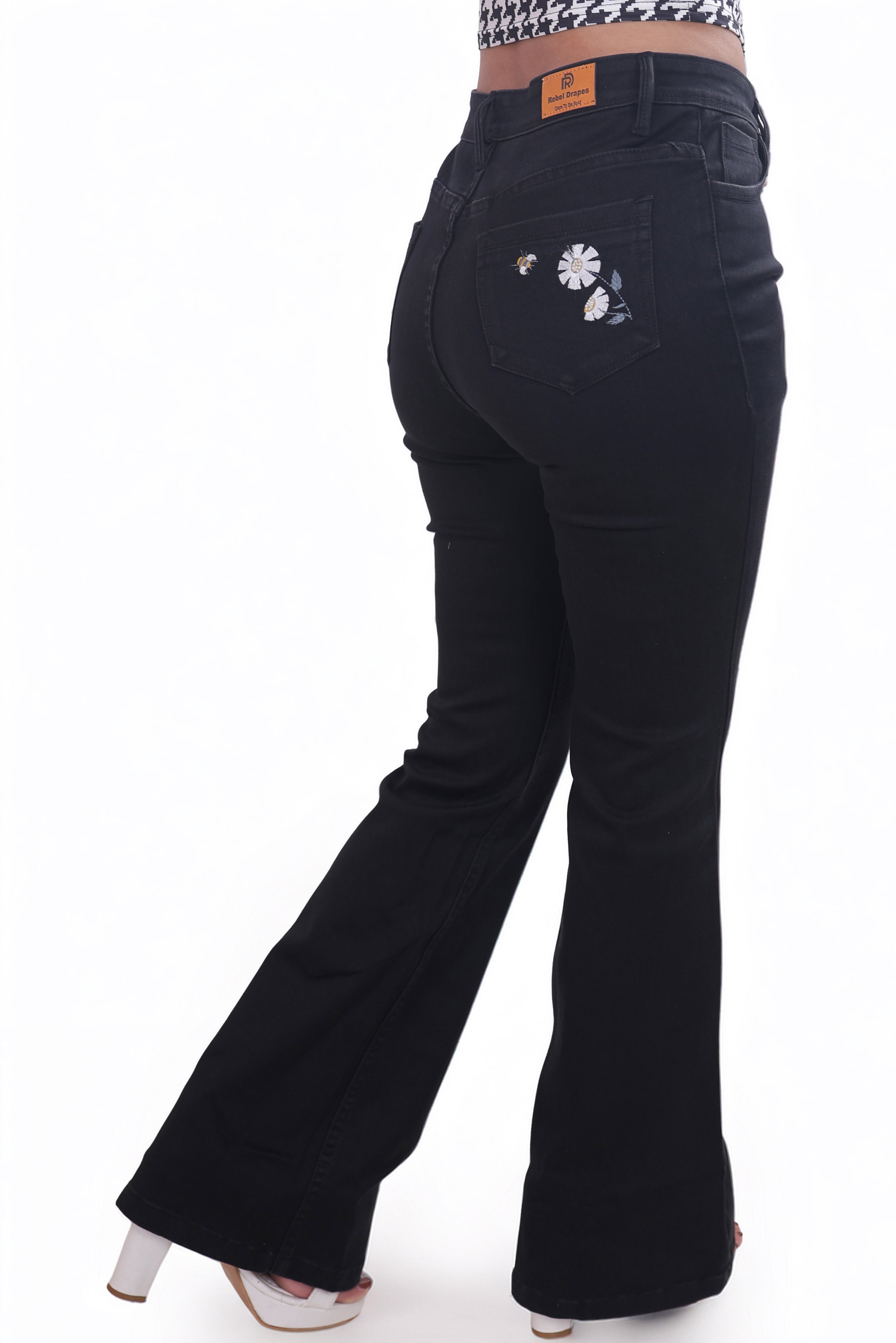 Black Flared Jeans with Embroidery