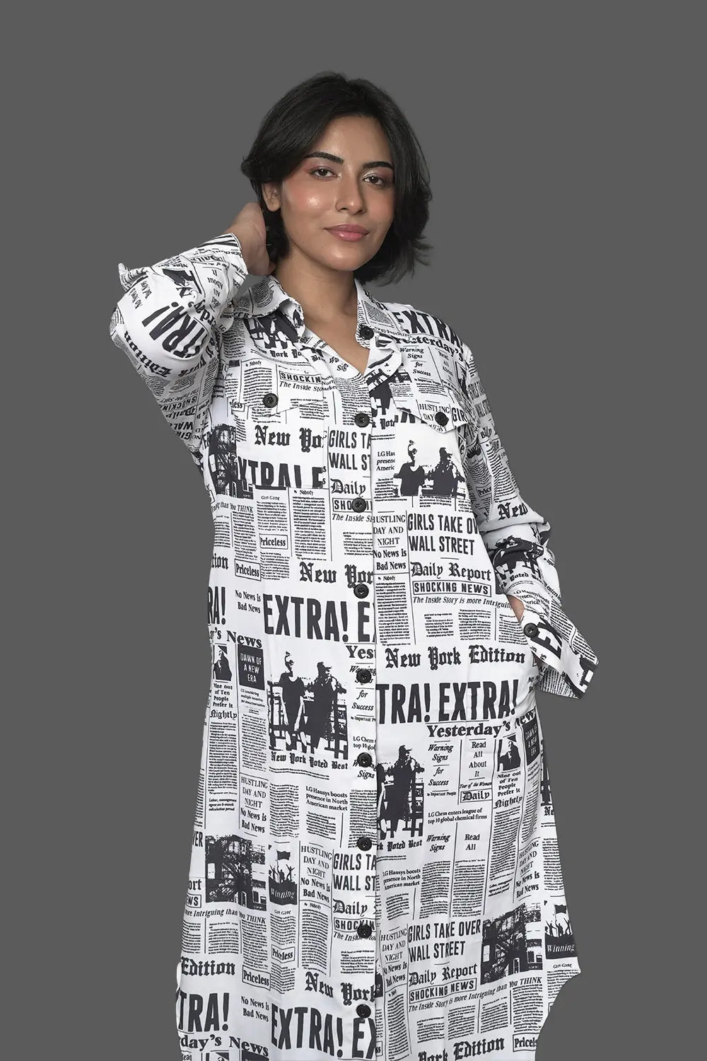 newsprint dress, black & white dress,  long dress, long sleeve dress, collared dress, side slit dress, rebeldrapes