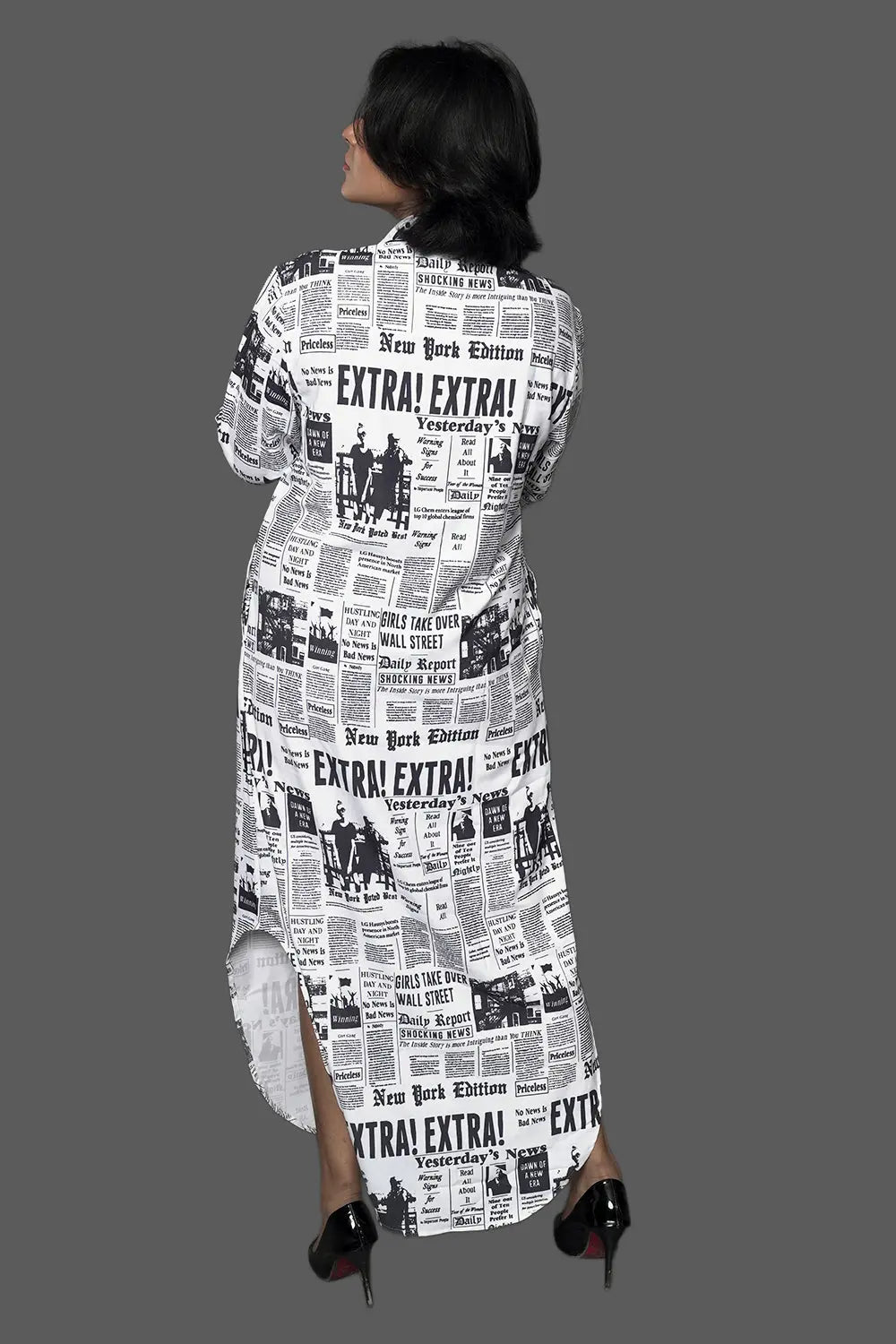 newsprint dress, black & white dress,  long dress, long sleeve dress, collared dress, side slit dress, rebeldrapes
