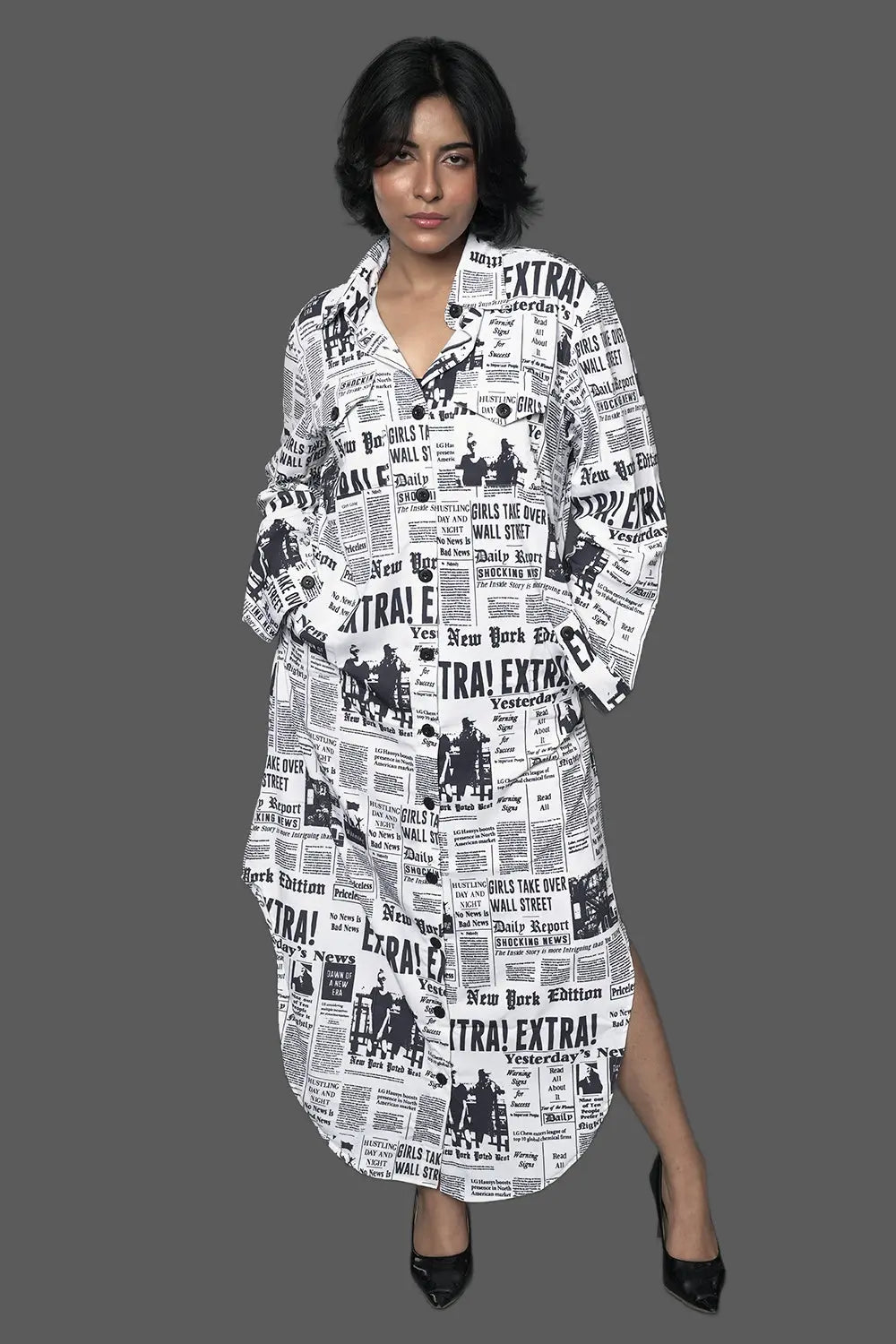 newsprint dress, black & white dress,  long dress, long sleeve dress, collared dress, side slit dress, rebeldrapes
