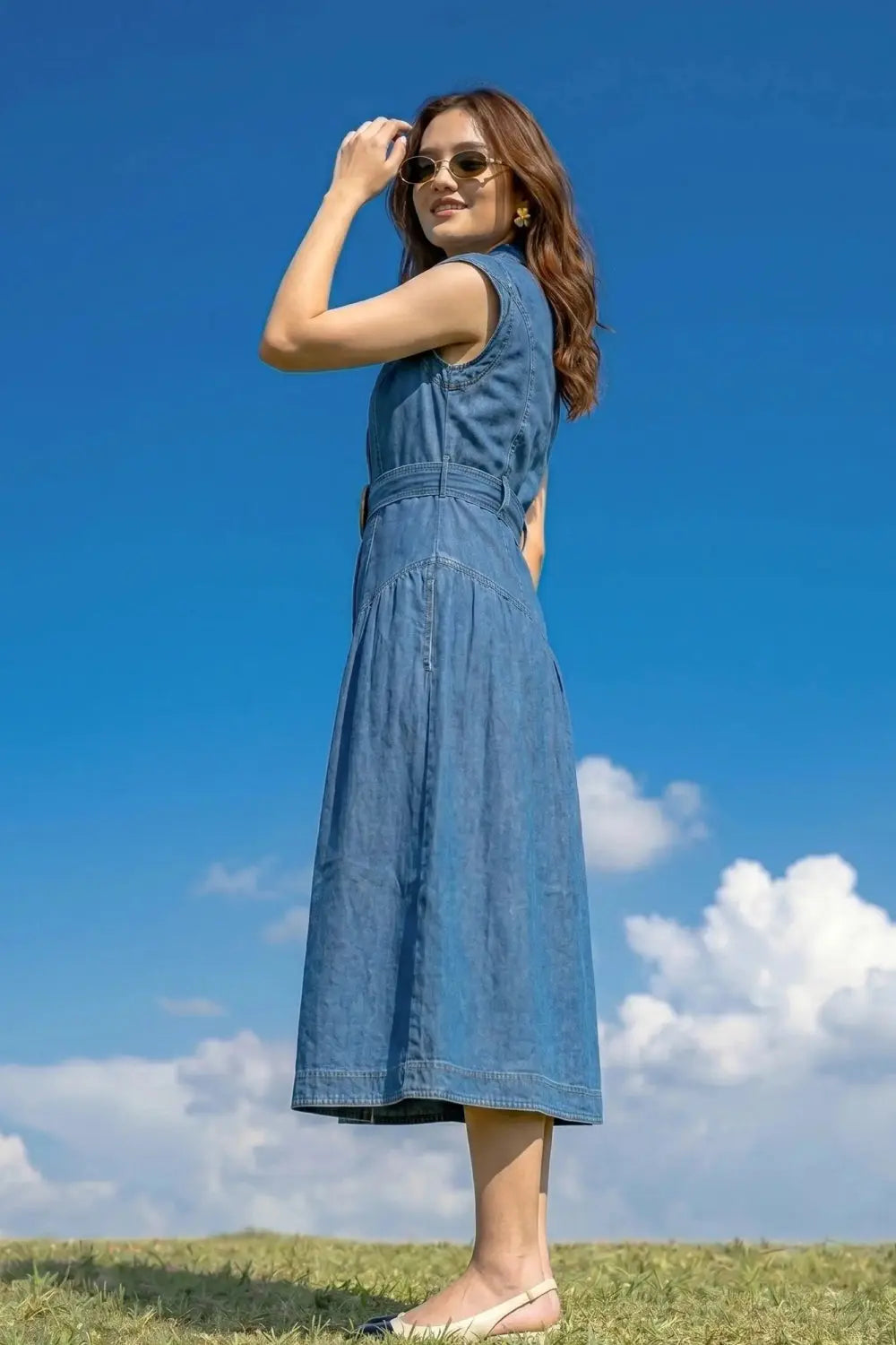 denim dress, blue dress, sleeveless dress, long dress, long denim dress, sleeveless denim dress, rebeldrapes