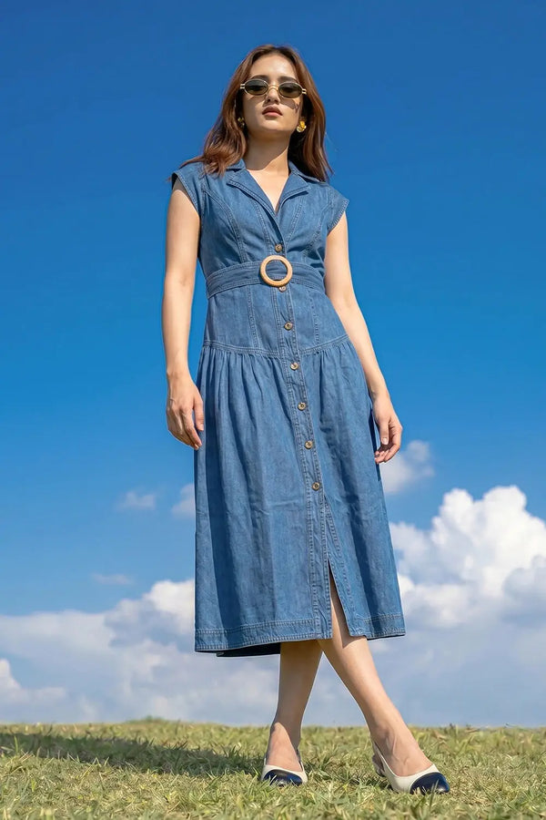 denim dress, blue dress, sleeveless dress, long dress, long denim dress, sleeveless denim dress, rebeldrapes