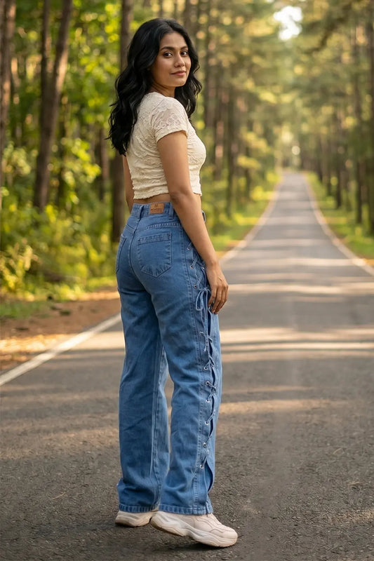 Straight Fit Jeans with Side Tie String