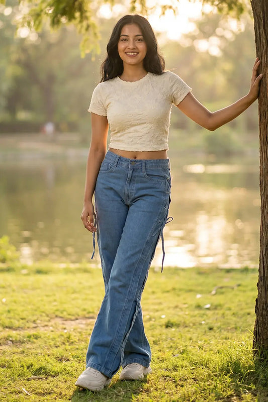 Straight Fit Jeans with Side Tie String