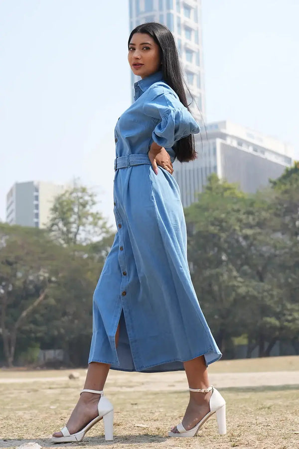 Midi Denim Shirt Dress with Long Sleeve